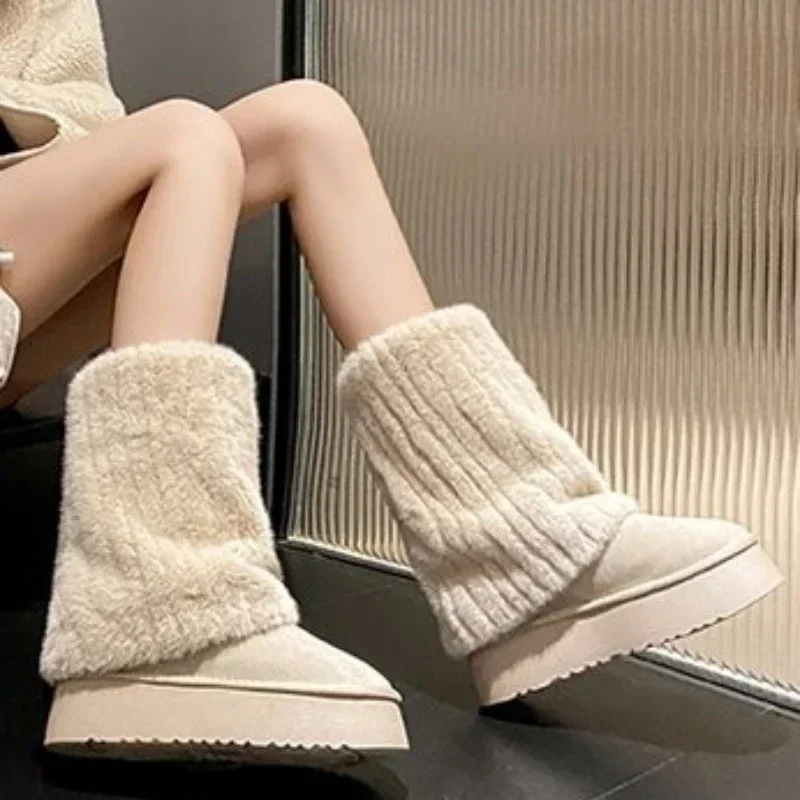 Shoes for Women 2023 New Slip on Women's Boots Winter Round Toe Solid Flock Plush Warm Mid Heel Water Proof Casual Snow Boots