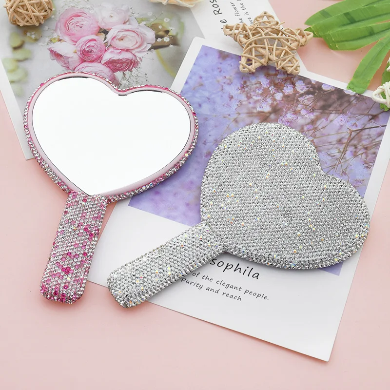 Luxury Diamond Handheld Mirror Love Heart Shape Mirror Crystal Make Up Hand Mirror for Girls Female Handle Cosmetic Beauty Tools