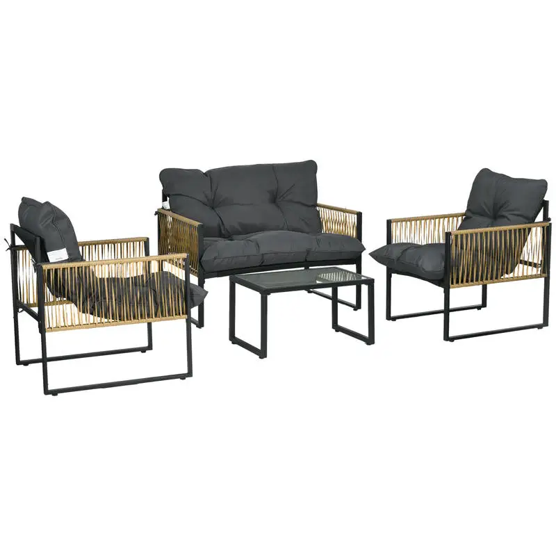 Ensemble salon de jardin 4 pièces : canapé 2 places, 2 fauteuils et 1 table basse plateau verre trempé, 3 coussins - gris
