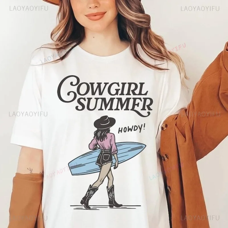 

Vintage Cowgirl Summer Shirt Beach Surfing Tshirt Playful and Humorous Cute Fashion Style Printed T-shirt Top Women Short-sleev