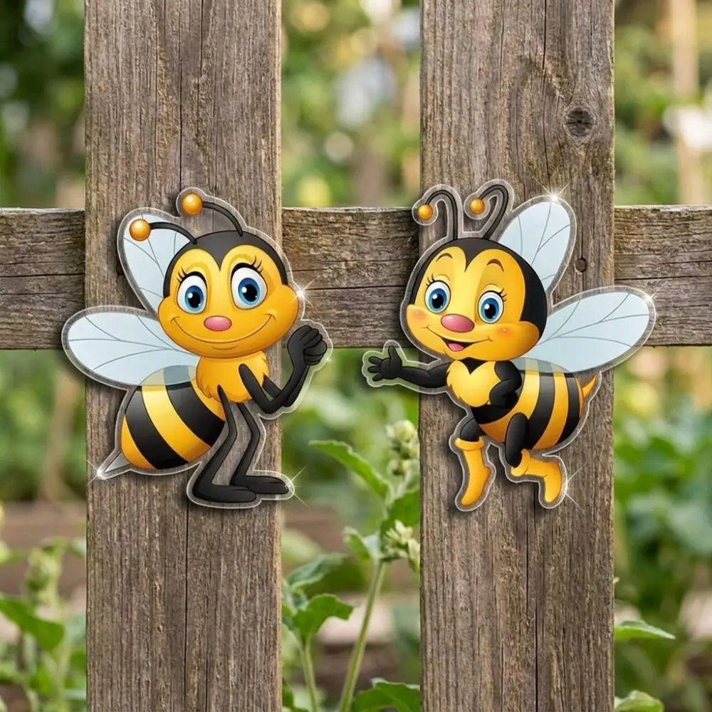 2Pcs 2D Flat Acrylic Cartoon Bee Wall Decor Sun Resistant Rainproof Garden Bee Hanging Plaque Bee Themed Waterproof
