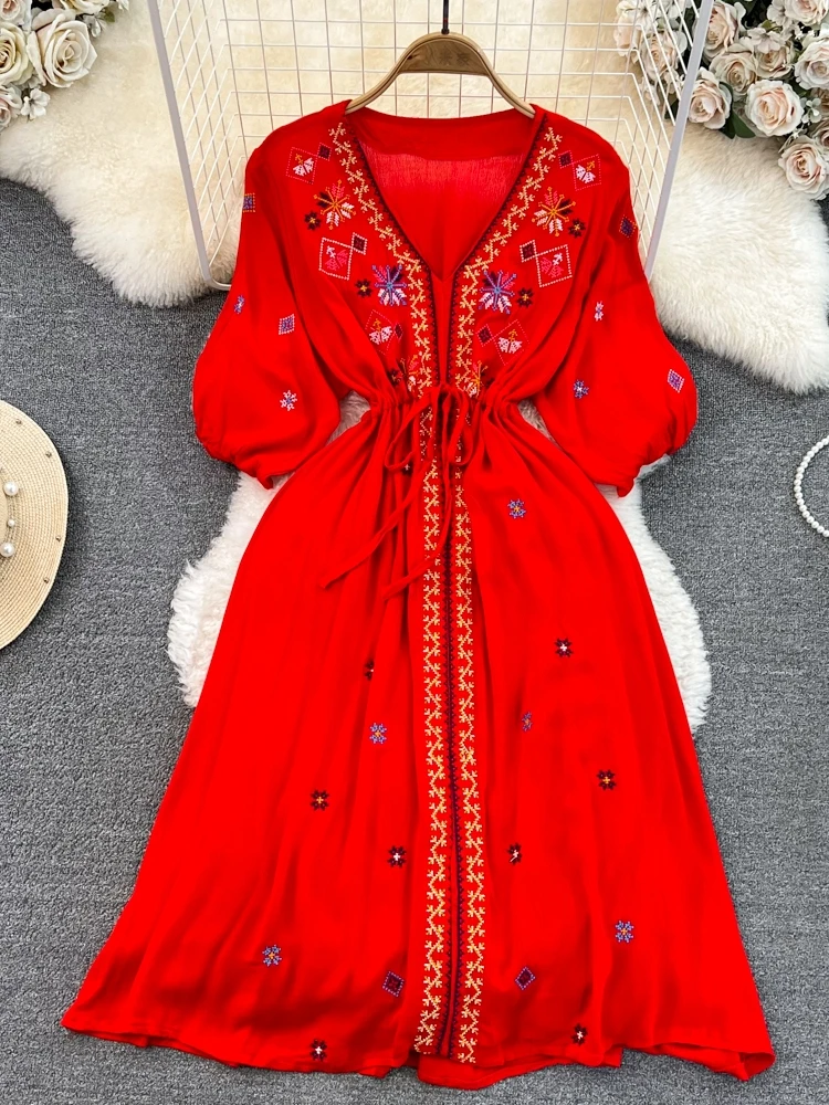 n Ethnische Stickerei A-Linie Dr V-Ne Taillenmieder Slim Fit Five-Viertel Sve Beach Vaion Beachwear Rock