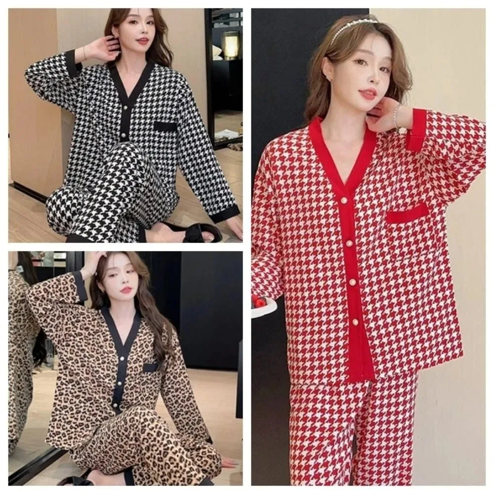 أزياء الخامس الرقبة شبكة منامة المرأة عارضة فضفاض قطعتين ملابس نوم ربيع الخريف Homewear ليوبارد ملابس خاصة مجموعة المنزل #5