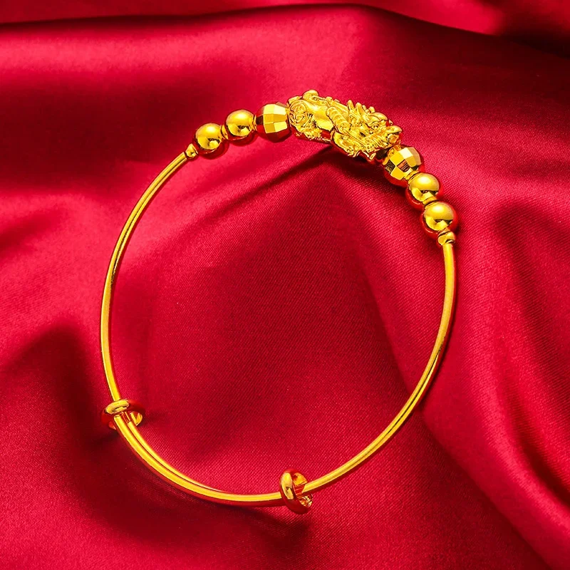 24k gelang manik-manik Transfer Pixiu warna kuning emas untuk wanita gelang emas hadiah perhiasan bagus tidak pudar