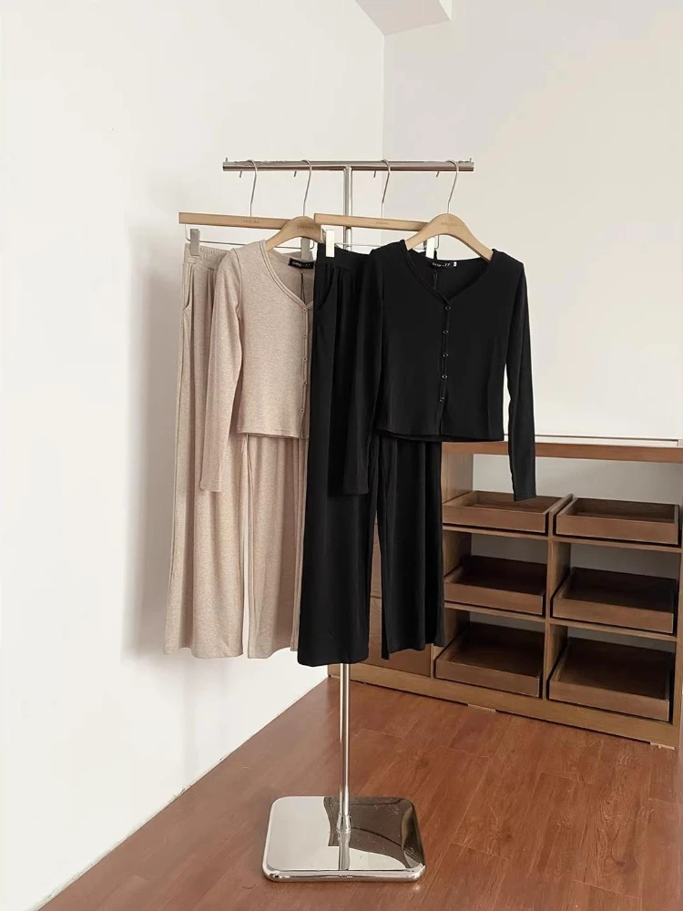 

Korean version simple casual two piece set V-neck long sleeved cardigan+high waist slimming straight leg pants fashion set