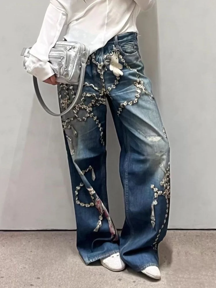 2026 American Retro Y2K Style 3D Printed Washed Blue Baggy Women's Jeans Pants For Woman Clothing Straight Gothic Denim Trousers