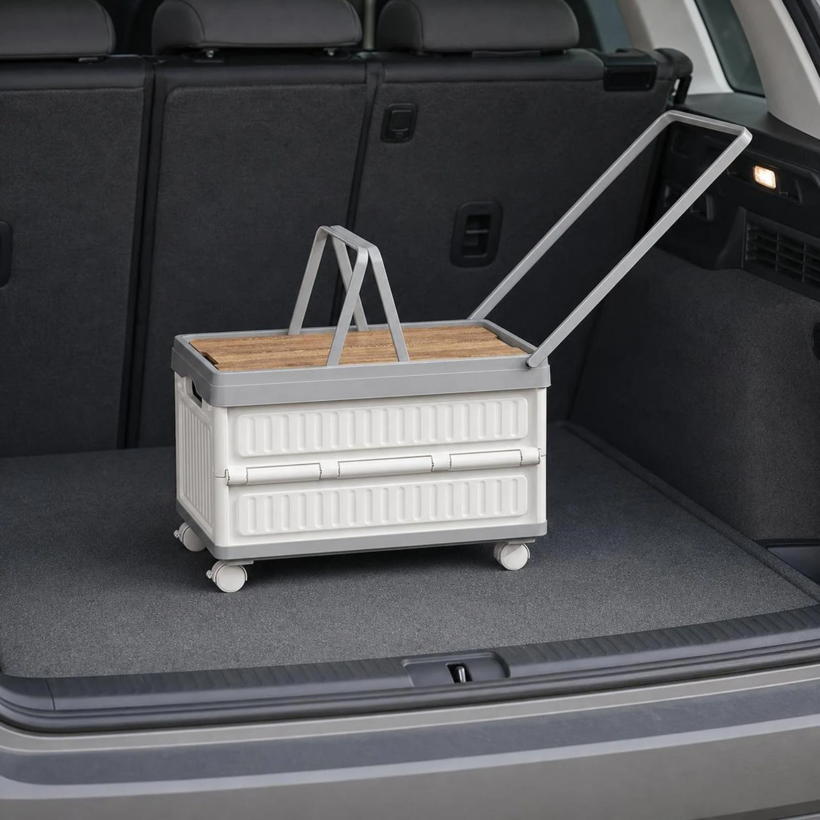 Rolling Storage Box with Wood Lid Portable Wheeled Storage Chest with Handle Heavy-Duty Strong for Campers, Camping, Car Trunk