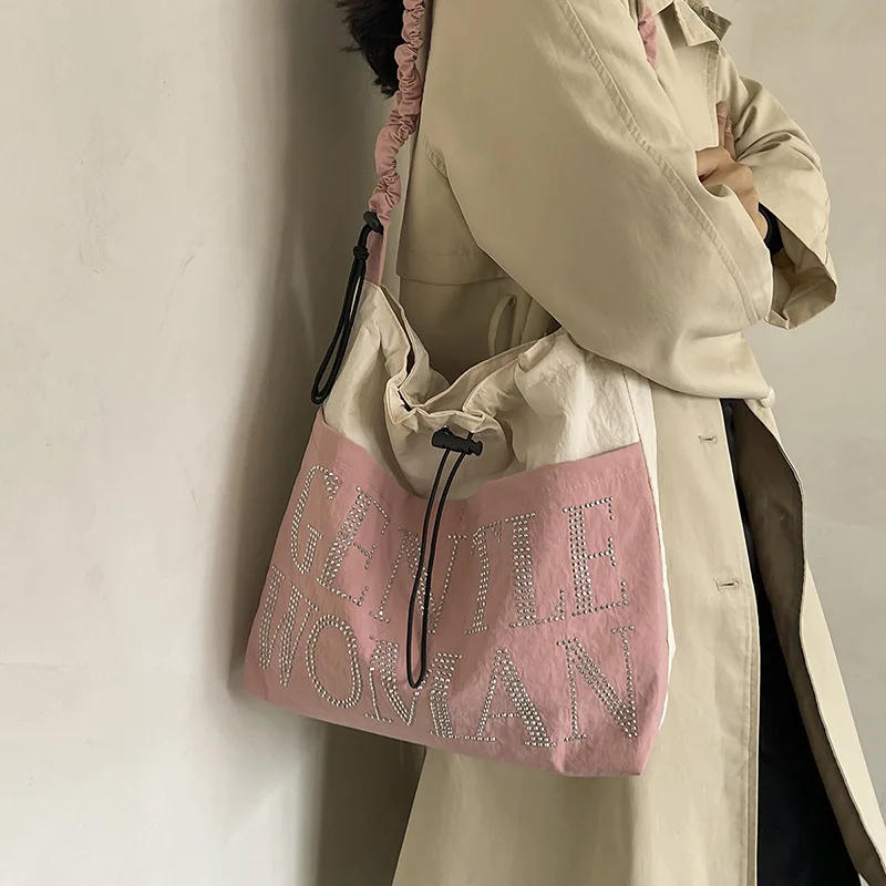 Large Capacity Fashion Crossbody Bag Diamond Studded Letter Cloth Tote Bag Women New Color Blocking Splicing Niche Shoulder Bag