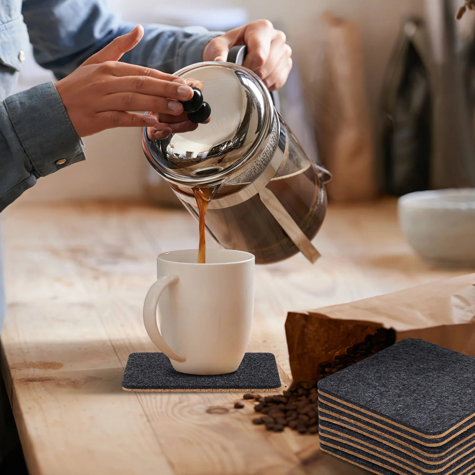 

8Pcs Square Coasters Felt Cork Reversible Absorbent Heat Resistant Cup Mats for Coffee Shop Office Home Felt Coasters