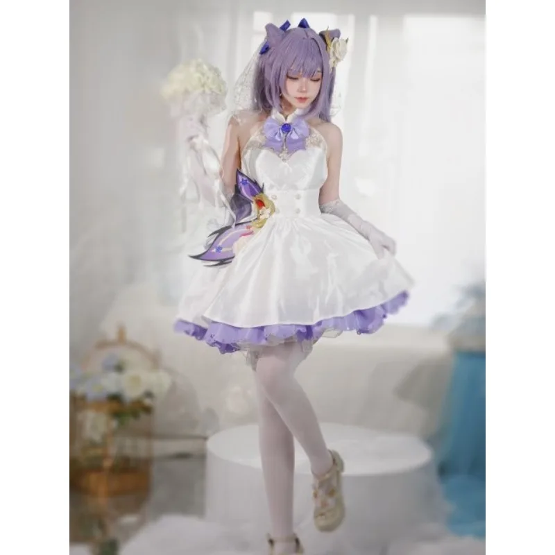 Keqing Bridal Lolita for Women Genshin Impact Cosplay Costume Cute White Dress Gloves Socks Wig Suit Comic-Con Roleplay Set