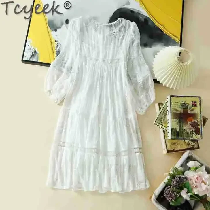 Tcyeek 100% Real Mulberry Silk Dress Women 2024 White Dress Elegant and Pretty Women's Dressess Summer Clothes Vestido Feminino