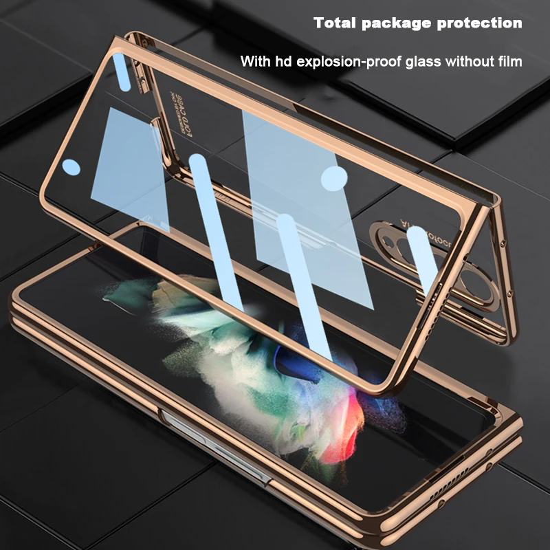 For Samsung Galaxy Z Fold 6 Fold 5 Fold 4 Cover Front Tempered Glass Transparent Case Plating Frame Hard Clear S Pen Slot Holder