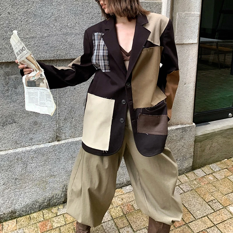 FANAN スプライシングコントラストカラーブレザー女性のためのシングルブレストファッションストリートジャケット女性コート 2025 秋の新潮