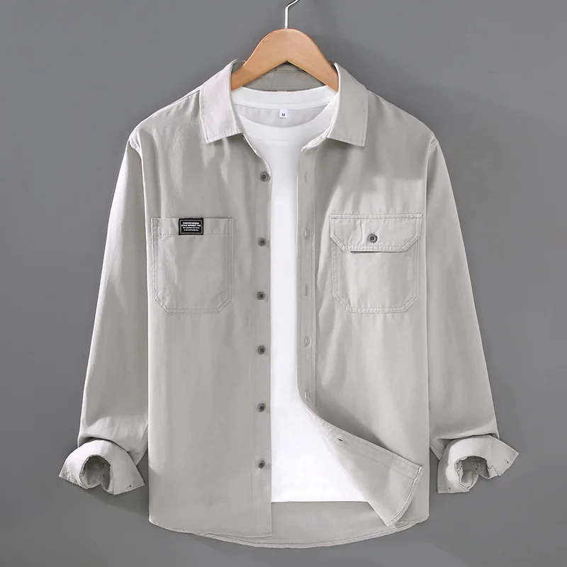 

Amikaki Vintage Men's Long Sleeved Casual Work Shirt Autumn Spring Pure Color Absorbent Sold Color Big Pocket Cargo Shirt Man