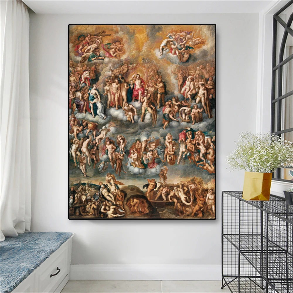 Vintage Oil Painting Michelangelo The Last Judgment Prints Sistine Chapel 17th Century Canvas Painting Gallery Decor for Home