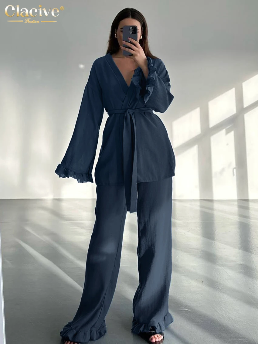 

Clacive Fashion Loose Blue Cotton Two Piece Outfit Woman Elegant Elegant Long Sleeve Robes With High Waist Wide Pants Set Female
