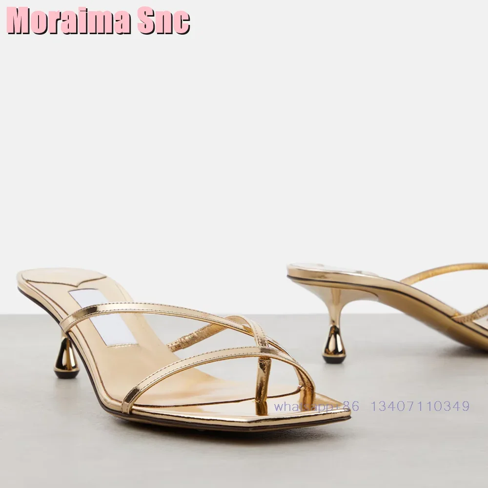 Square Toe Metallic Leather Mules Clip Toe Unique Waterdrop Heeled Golden Solid Sexy Women\'s Slippers Casual Outdoor 2024 Newest
