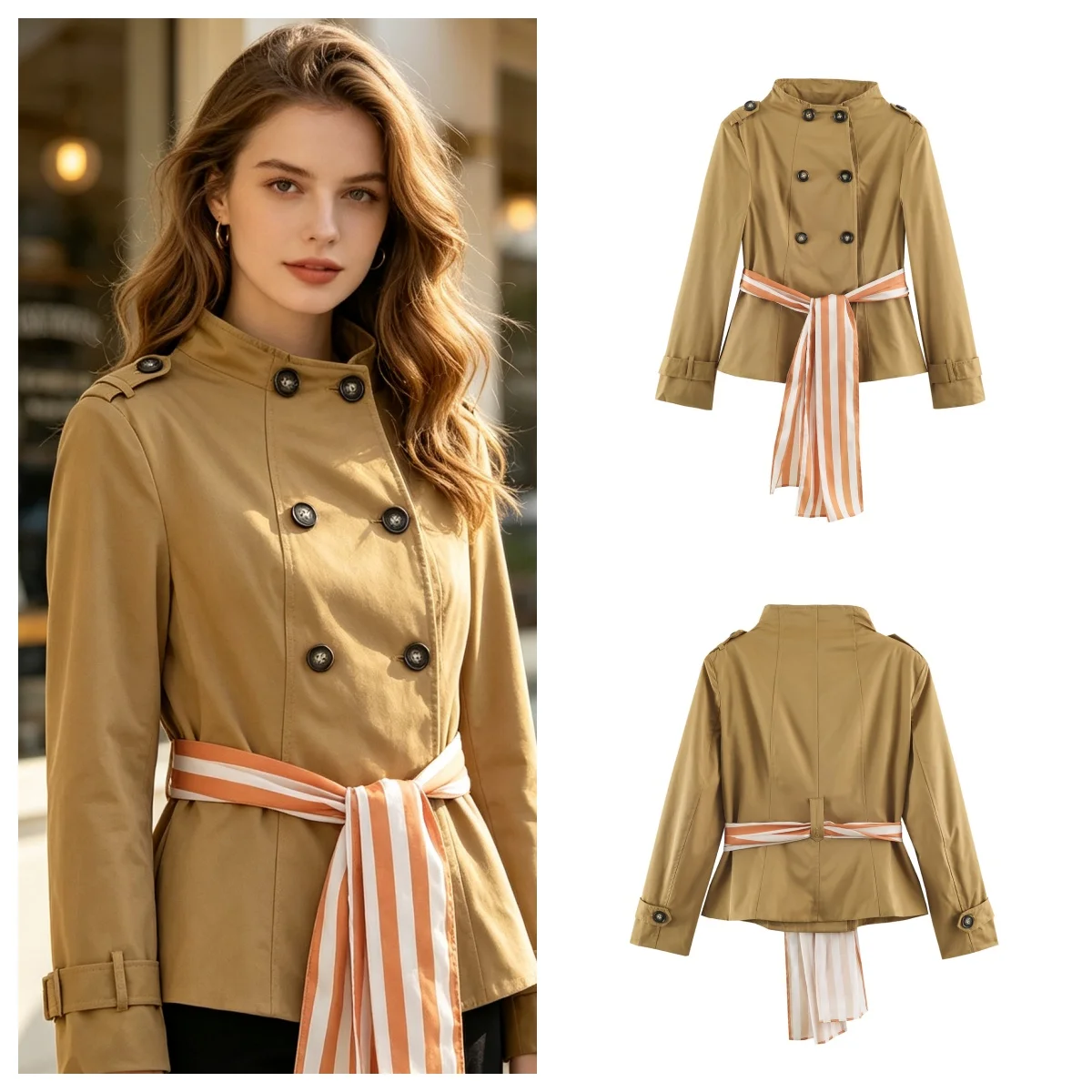 Guobioziy Women's Trench Coat 2026 Spring Autumn New British‑Style Double‑Breasted Belted Waist Slim Casual Outer Jacket