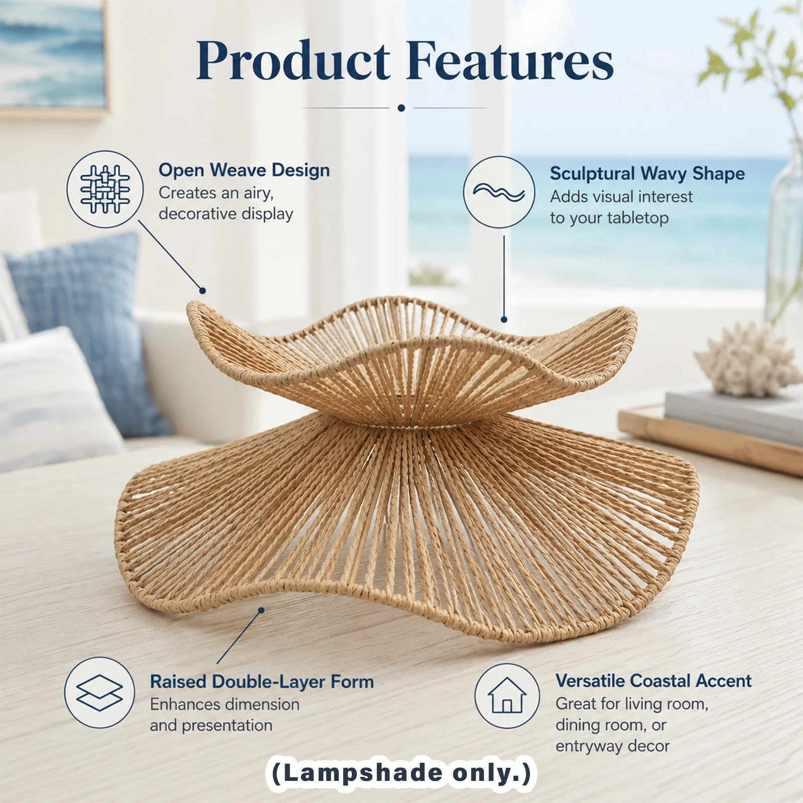 Coastal Farmhouse Paper Rope Pendant Lamp Shade, 2‑Tier Leaf Hand‑Woven Shade, Decorative Lampshade for Living & Dining Room