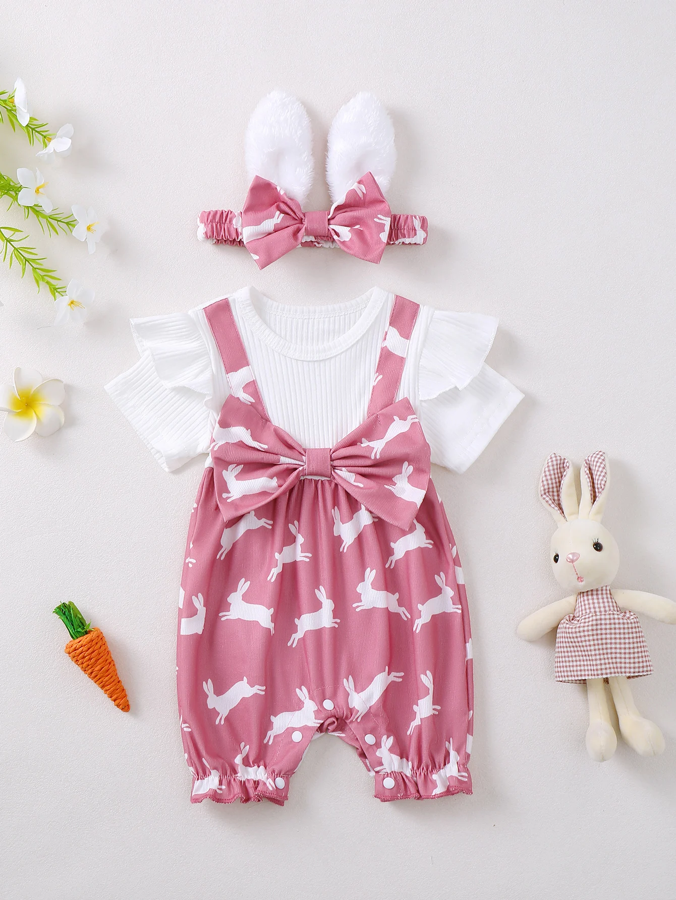 Baby Girl Rabbit Print Short Sleeve Romper Suit with Headwear Infant Clothing Set