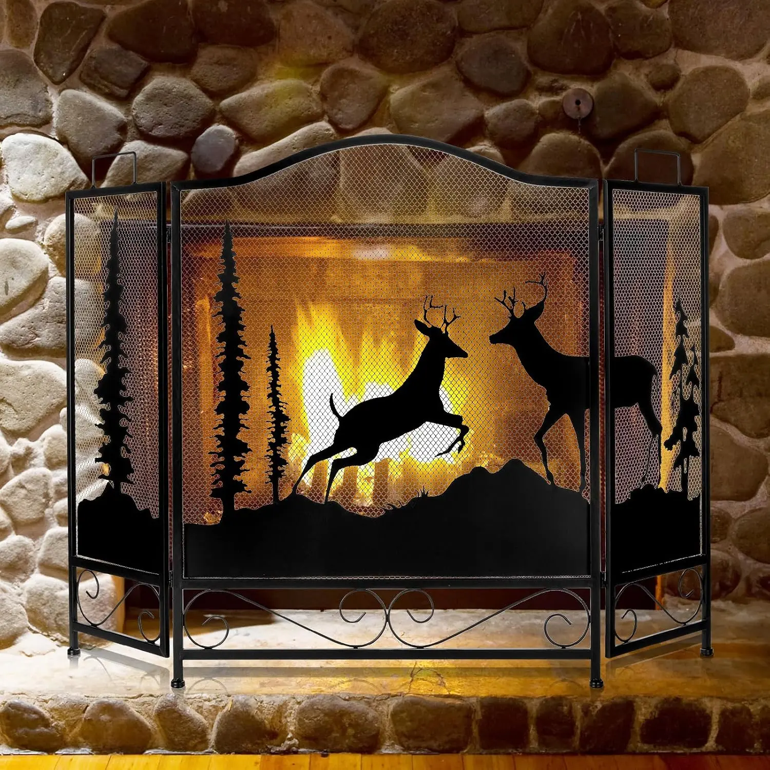 3 Panel Fireplace Screen with Deer Pattern, 47.6