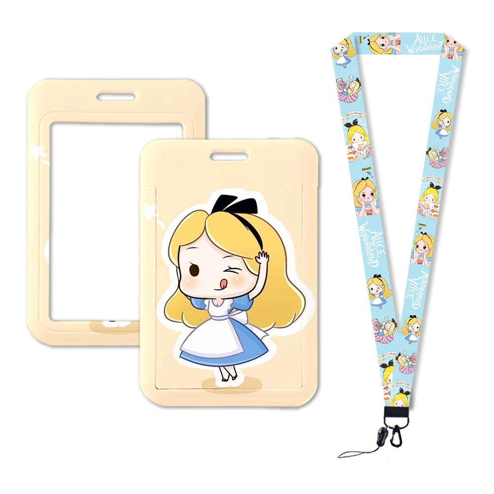 Porte-cartes d'identité Disney Princess pour filles, porte-cartes Alice, porte-badge, sangle de cou, porte-cartes de visite, cadeau