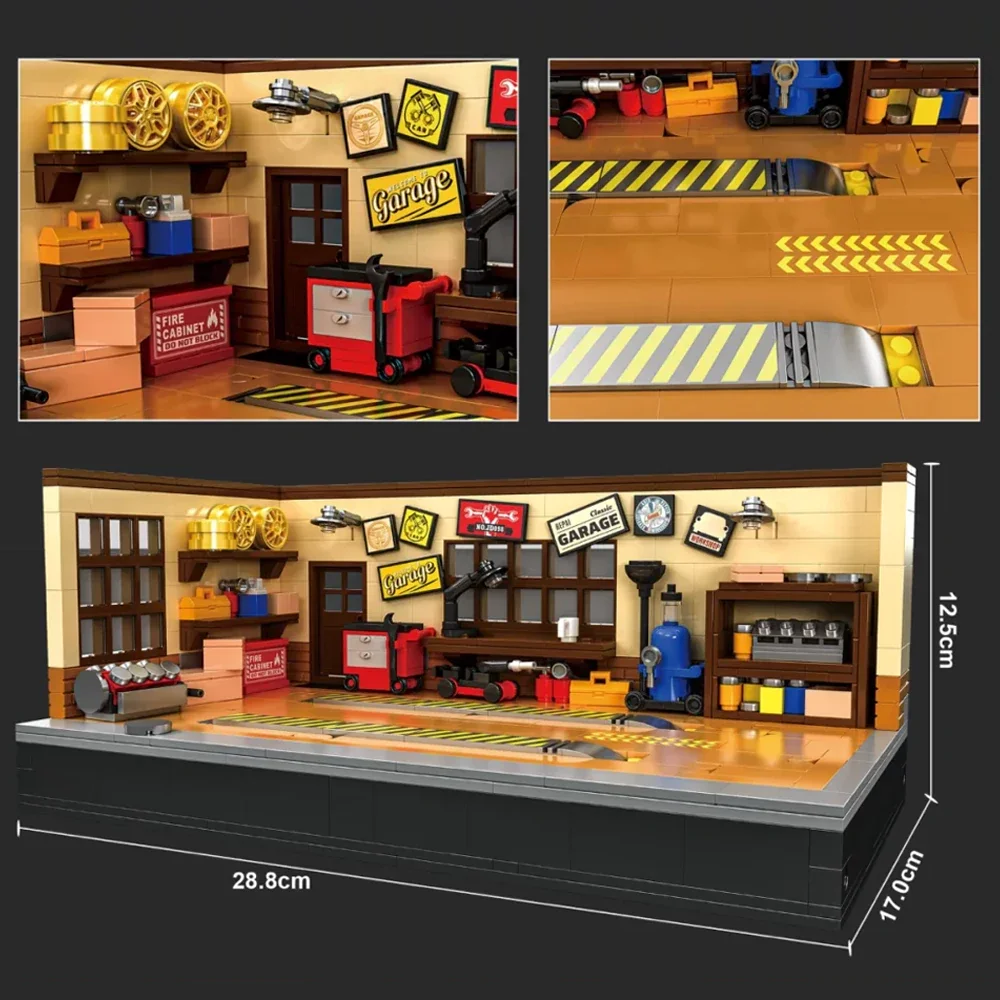 New Street View Building Blocks Retro รถซ่อม Workshop ยกแพลตฟอร์มชุดอิฐประกอบปริศนาของเล่นเด็กของขวัญวันเกิด
