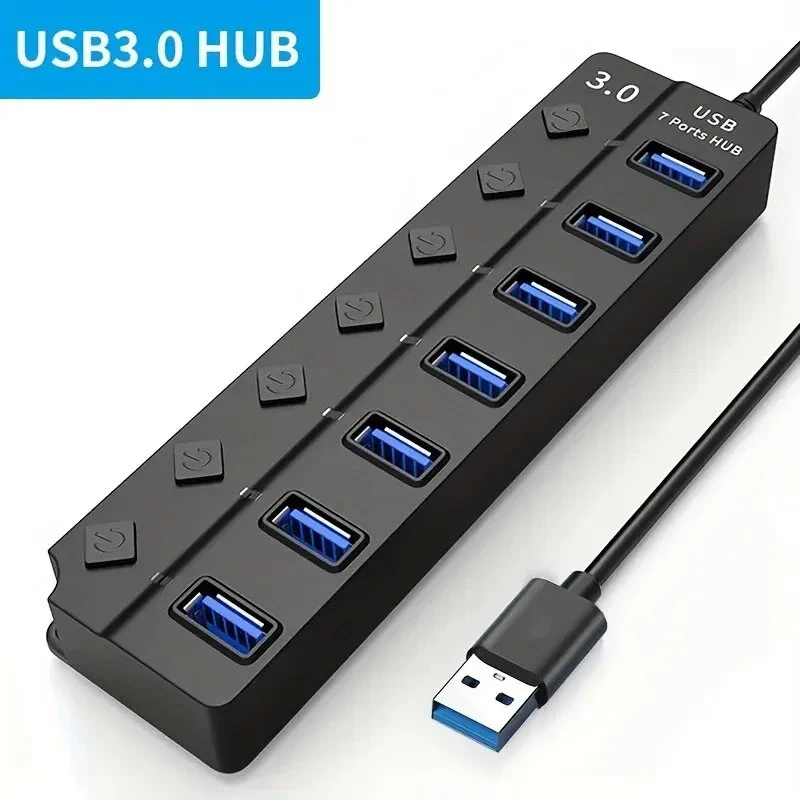 USB Hub 3.0 Multiprise Hochgeschwindigkeits-Splitter 4/7 Ports 5 Gbit/s Hub Netzteil mit Schalter Langes Kabel mit mehreren Expander-HUB