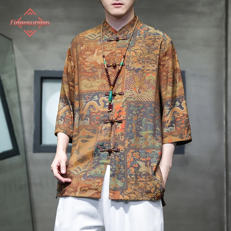 

Chinese Style Retro Tang Suit Ice Silk Print Dragon Suit Plus Size Hanfu Men Oriental Clothing Black Short Sleeve Blouse Shirt