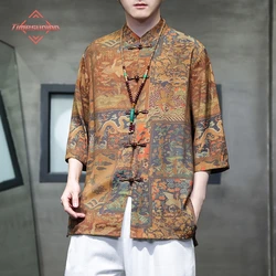 Chinese Style Retro Tang Suit Ice Silk Print Dragon Suit Plus Size Hanfu Men Oriental Clothing Black Short Sleeve Blouse Shirt