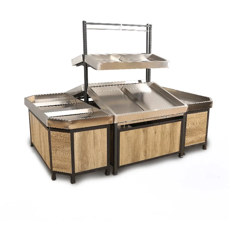 Supermarket Wooden  2 Tier Fruit and Vegetable Produce Display Rack Shelves/fruit Bin/ Fruit Rack