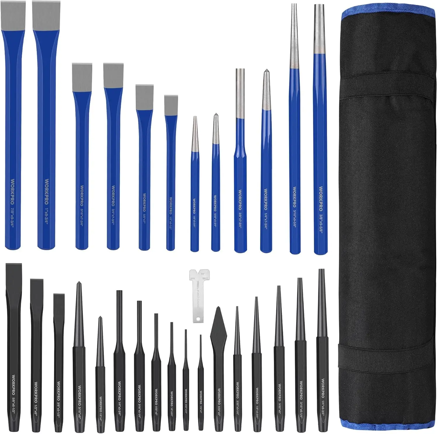 

30-Piece Heavy Duty Punch & Chisel Set with Roll Pouch, Cold/Cape Chisels, Center/Pin/Taper Punches for Metal/Wood/Stone