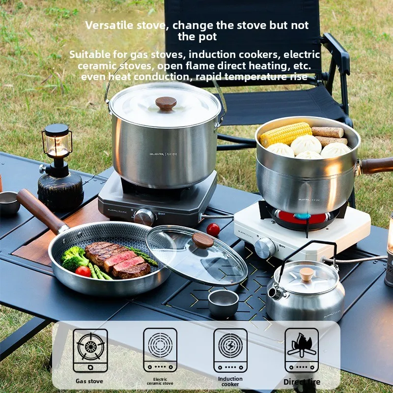 Portable Camping Cookware Set for Cassette Gas Stove Stainless Steel Drop-Proof Boiling Frying Steamer Pot Outdoor Cooking