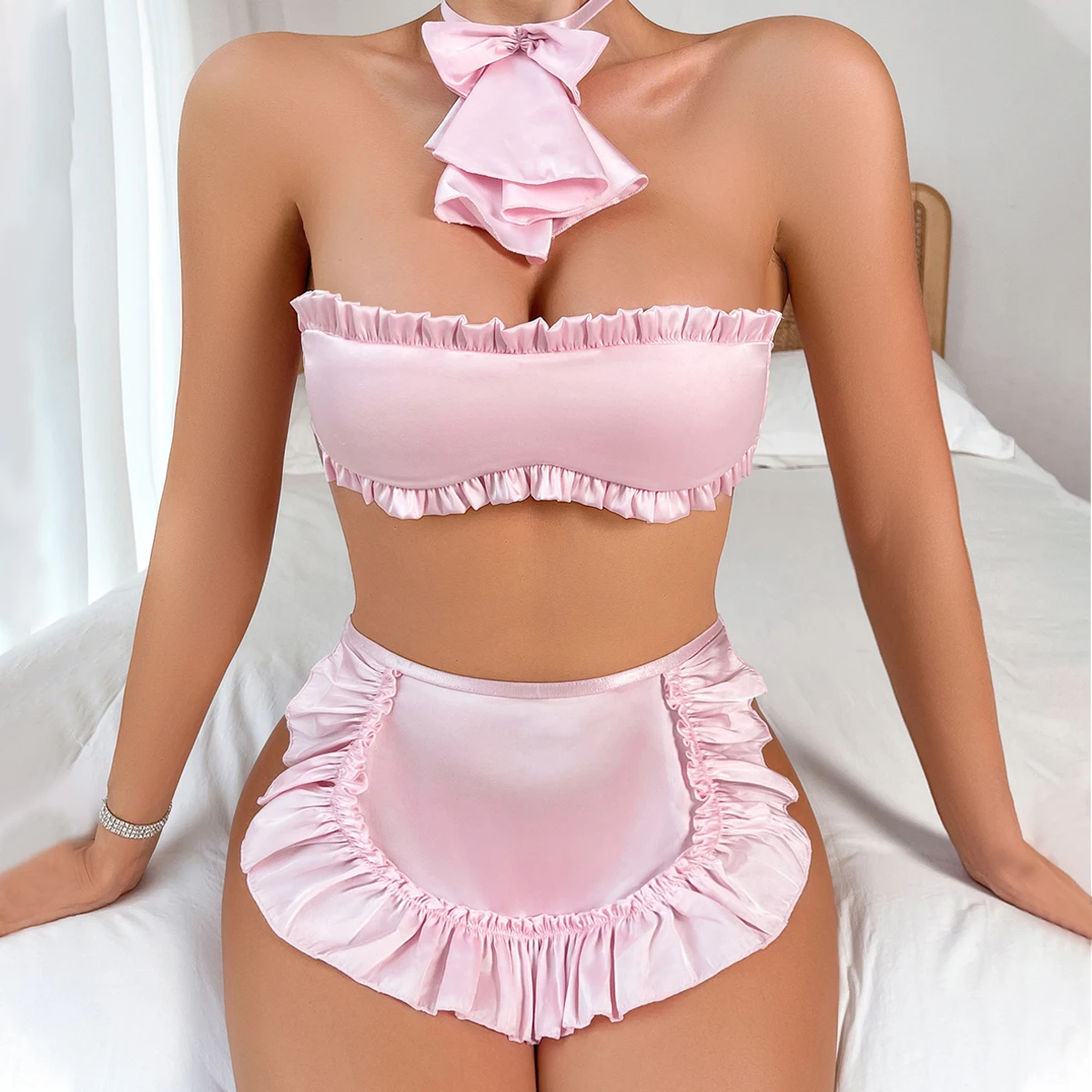 2024 Trend Lingerie Japanese Style Sexy Strapless Wrap Bra Set Exquisite Pink Cute Girl Erotic Sexy Lingerie Panties Set of Four