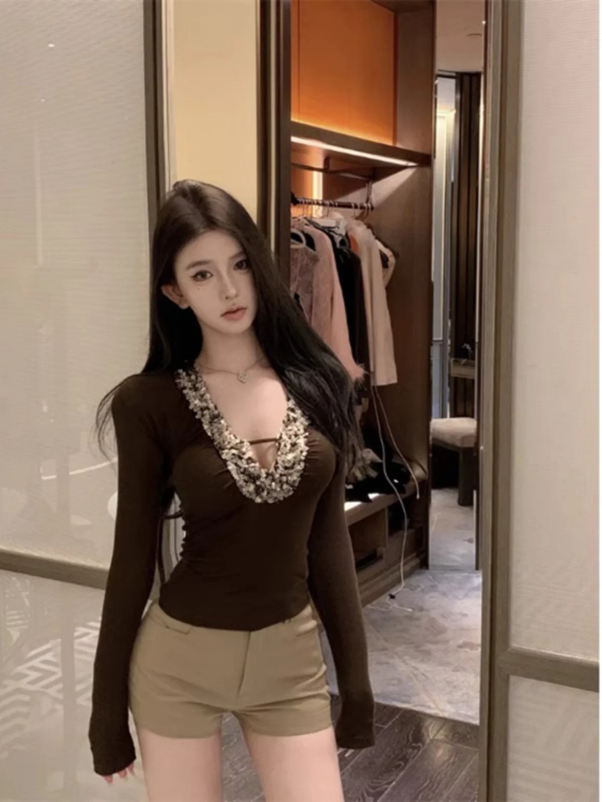 Pure Desire Lady Atmosphere Long Sleeve T-Shirt Women's Spring Autumn Tight Deep V-neck Lady Personality Inner Wear Small Top
