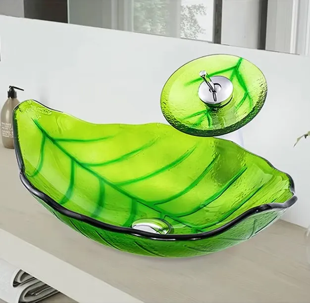 Bathroom Countertop Glass Wash Basin Tempered Glass Washbasin Artistic Basin Leaf Shaped Glass Bathroom Sinks