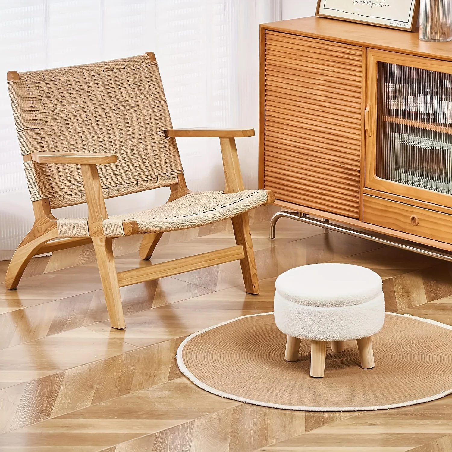 Customizable Velvet Round Ottoman with Wood Legs- Multifunctional Footrest