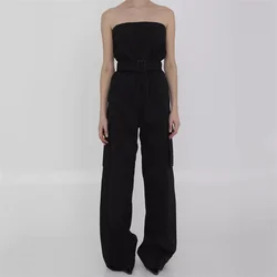 jumpsuit women 2024 autumn New in sexy backless sleeveless bodysuit Belt slim fit pure cotton straight leg pants y2k cargo pants