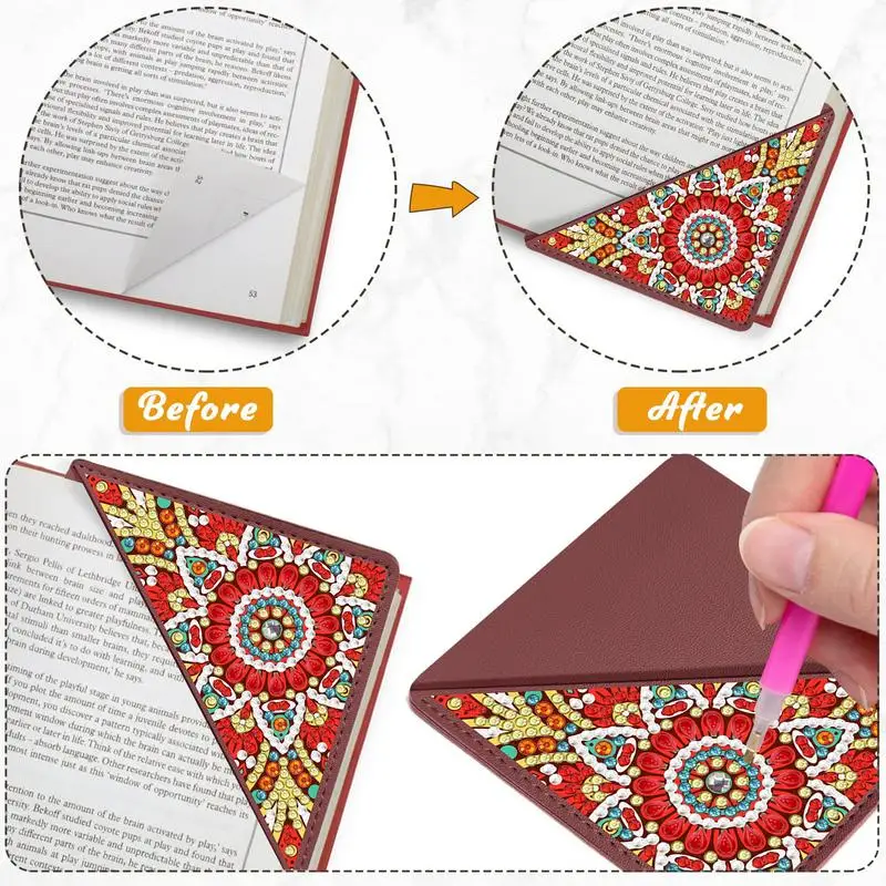 Gem Art Bookmark Kits DIY Page Mark Gem Art Corner Bookmarks 4pcs Handmade Book Markers Art Crafts PU Leather Triangle Bookmark