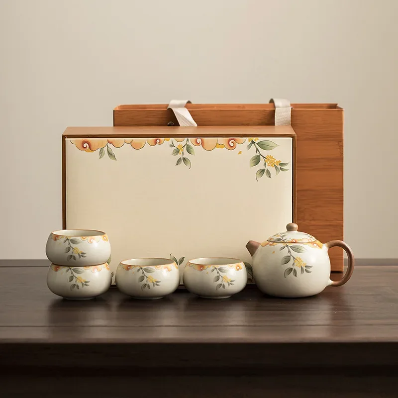 Kung Fu Tea Set Tea Tray One Pot Four Cups Home High-end Teapot Hand-painted Design Chinese Style Tea Cupcamping Cooking Settea