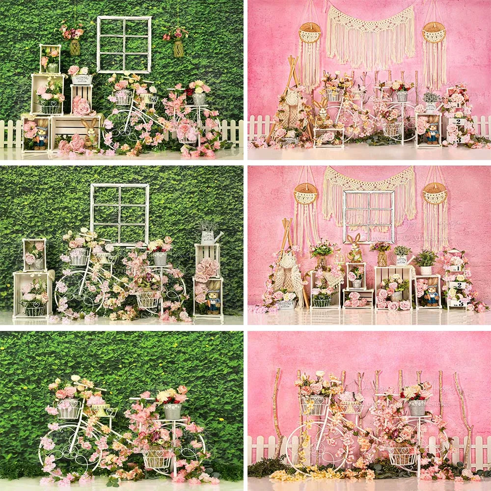 Mocsicka ฤดูใบไม้ผลิดอกไม้สีเขียวหญ้าสีชมพูการถ่ายภาพฉากหลังเด็กทารก 1st วันเกิดเค้ก Smash ภาพพื้นหลังถ่ายภาพ