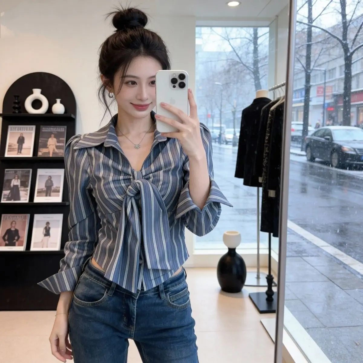 

Женский топ с V-образным вырезом, длинными рукавами, бантом на талии и узлом, в корейском стиле, для повседневной носки, из полиэфирного волокна