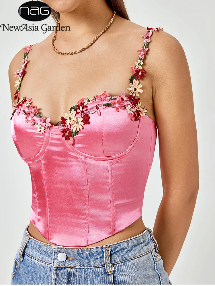 

NewAsia Sleeveless Flower Detail Satin Cami Crop Top Adjustable Straps Bone Zipper Party Fashion Bustier Corset Tops