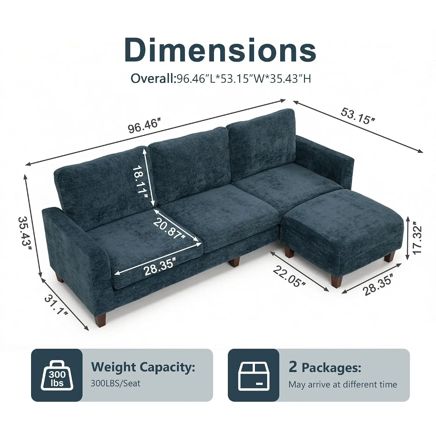 3-Seat Sectional Sofa With Movable Ottoman, Customized