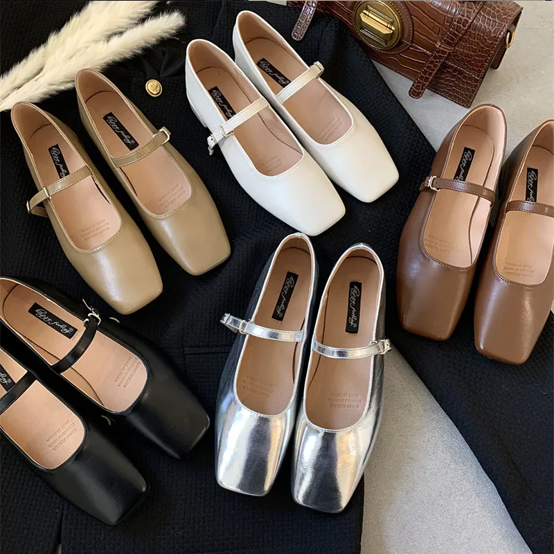 

2024 Summer Sliver New Brand Women Flats Fashion Square Toe Shallow Mary Jane Shoes Soft Casual Ballet Shoes Slingback Shoes