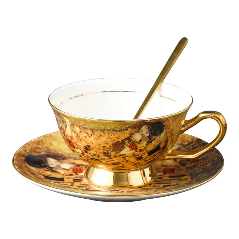 Vintage Golden Klimt Kiss Pattern Ceramic Coffee Cup & Saucer with Gold Spoon Elegant Home Office Tea Cup Home Decor Drinkware