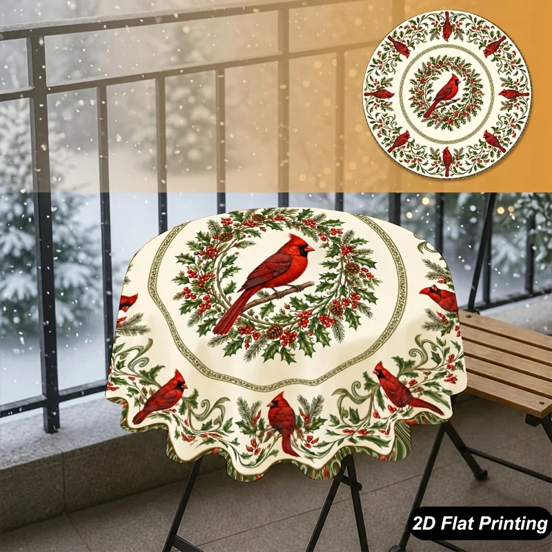 1 piece of 2D flat print Christmas round tablecloth, cardinal tree Christmas decoration, Christmas home decoration