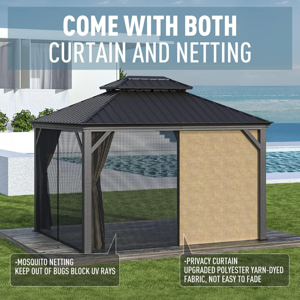 Gazebo 10' x 12' met klamboe en privacybijdassen, patio aluminium permanent tuinhuisje, volledig weerbestendig buitenhardtop Meta
