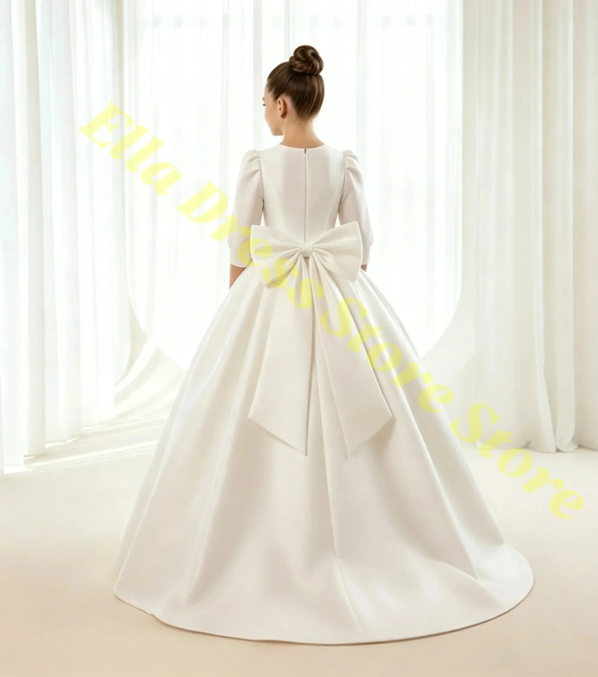 Maßgeschneidertes, bezauberndes Blumenmädchenkleid, neues langärmeliges, mattes Satin-A-Linien-Abendkleid mit Schleppe, für Mädchen, Hochzeit, Party, Prinzessin, Großhandel – Detail 1
