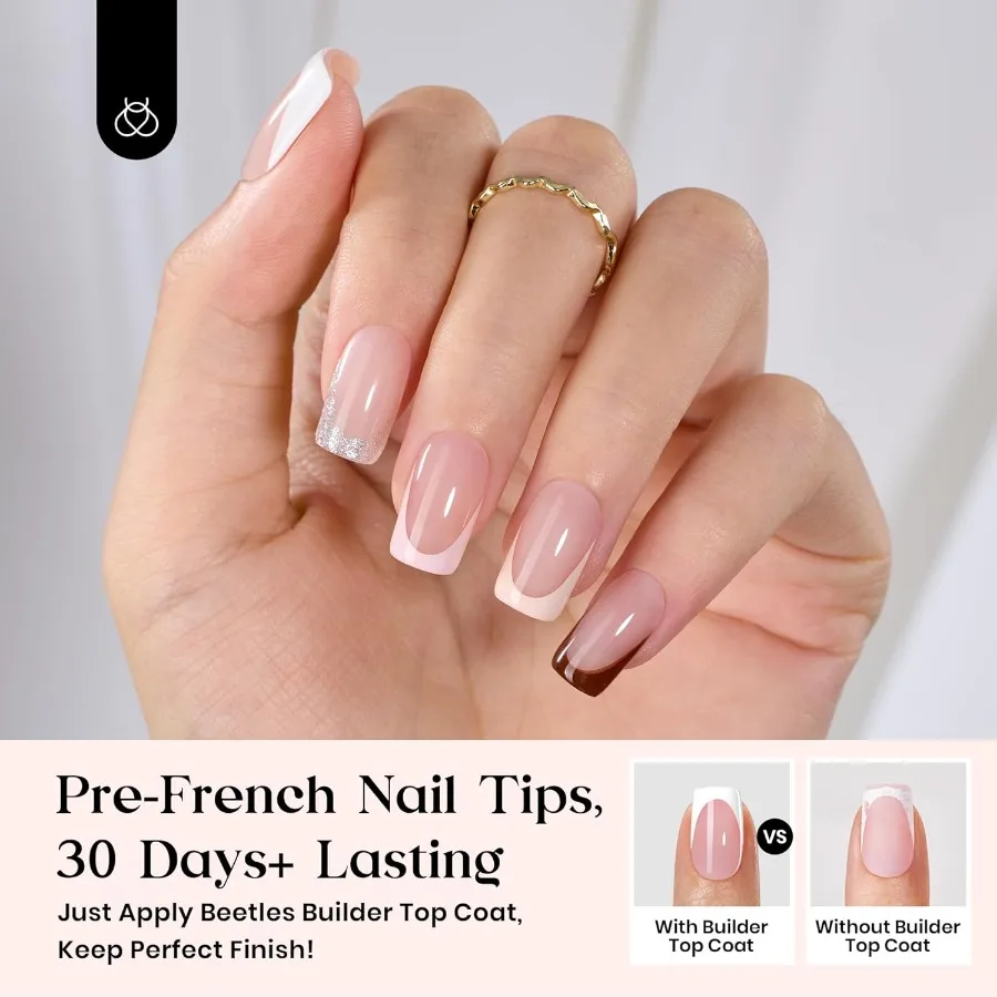 Short Squaval French Tips Press on Nails Kit 7 Colors Gel Nail Kit Fake Nails Tips with Nail Glue Remover Builder Top C
